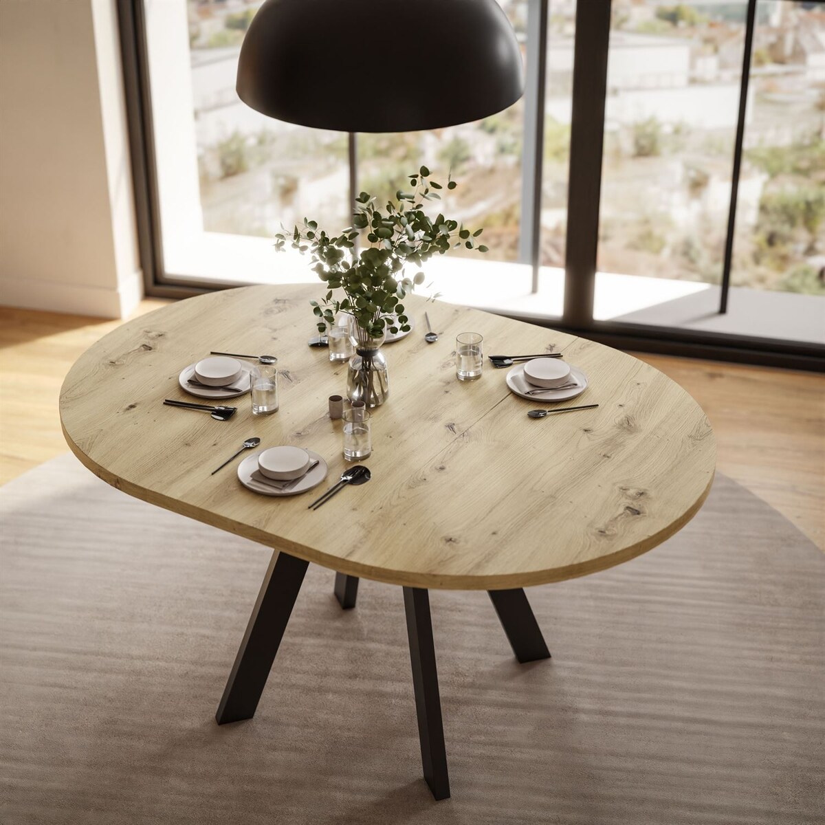 Okrągły stół rozkładany VOLTA LOFT, nogi czarne, blat dąb artisan