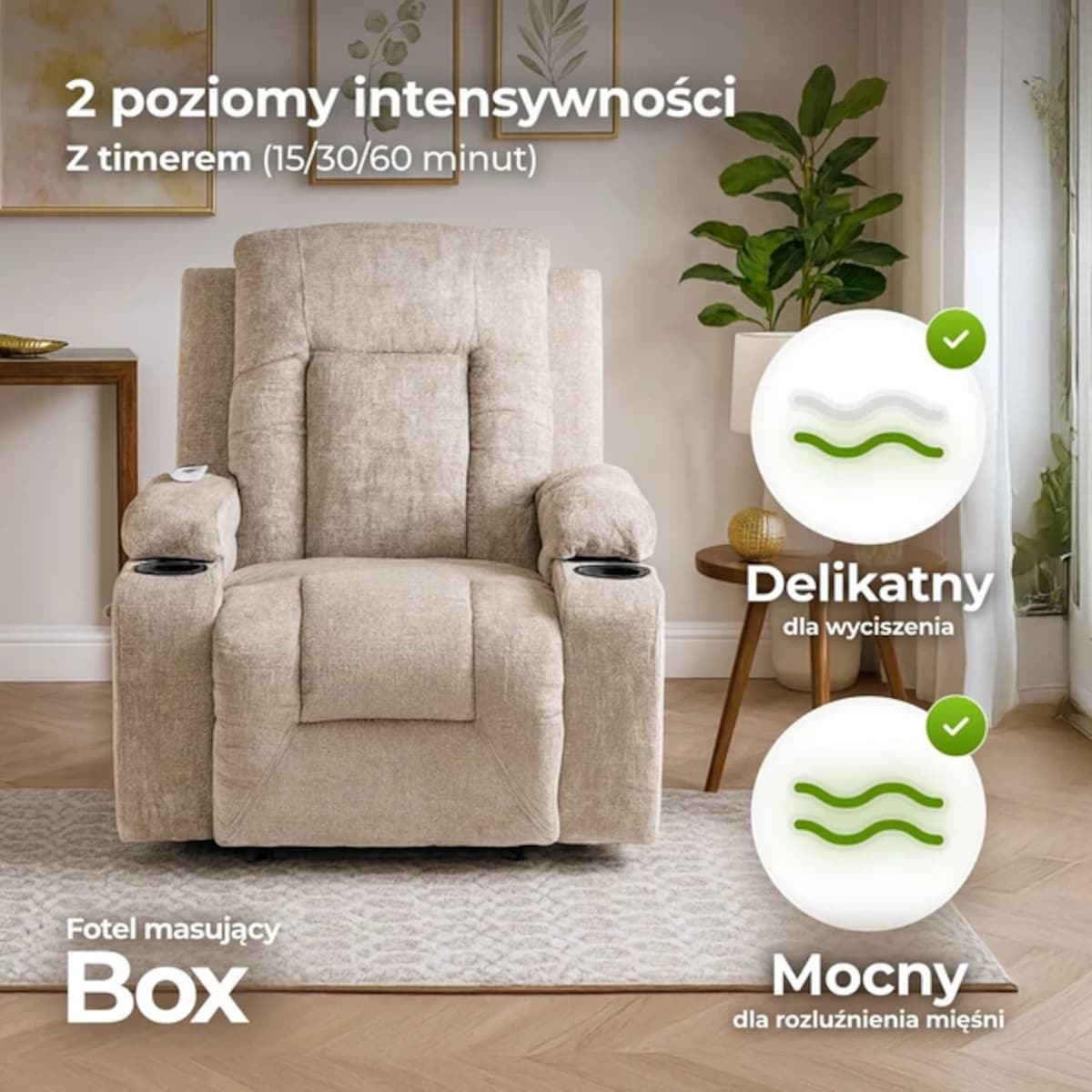 Fotel Masujący Rozkładany Wypoczynkowy z Podnóżkiem BOX Beżowy Welurowy