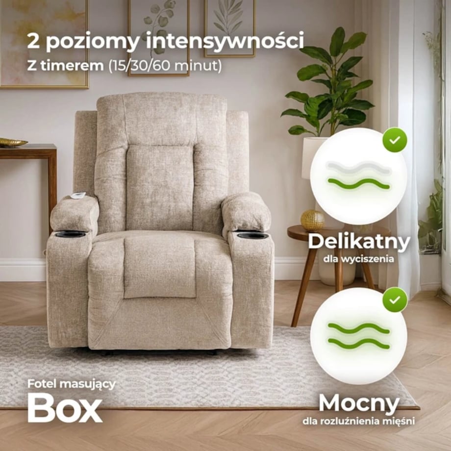 Fotel Masujący Rozkładany Wypoczynkowy z Podnóżkiem BOX Beżowy Welurowy