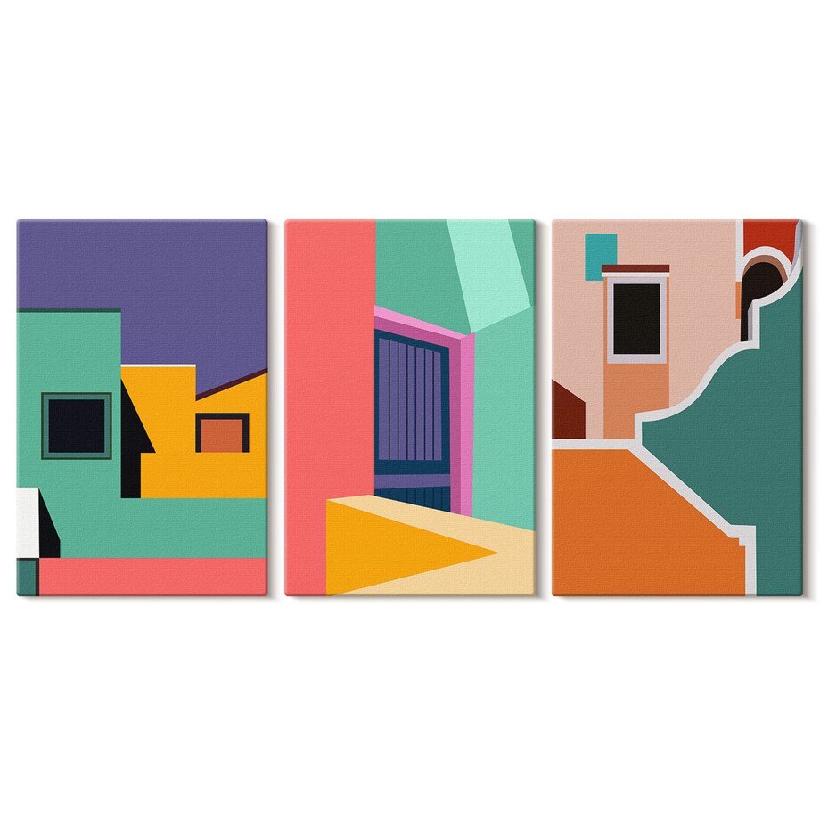 Zestaw 3 dużych obrazów na płótnie - Kolorowe ilustracje miasta - wielokolorowy