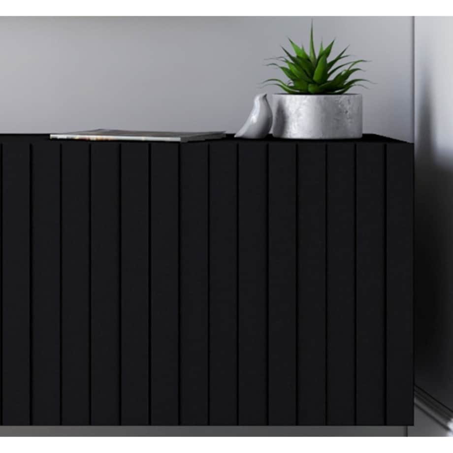 Komoda RTV Glamour Czarny MAT 112 cm Szafka RTV Nowoczesna Czarna Rama Loft Ryflowane fronty
