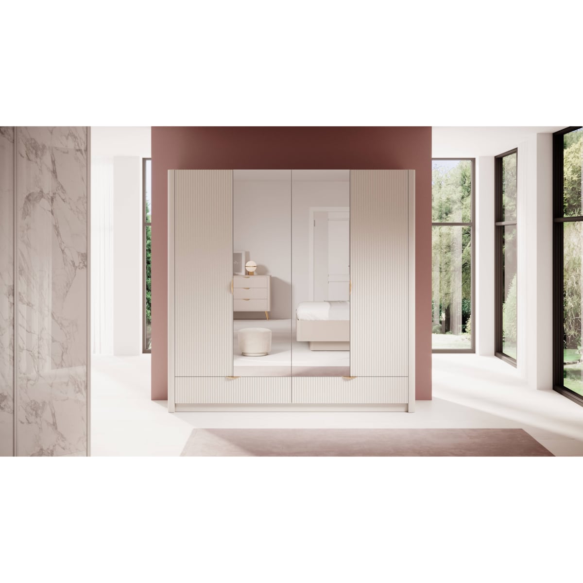 Szafa Duża Ryflowana LENA z lustrem, beżowa