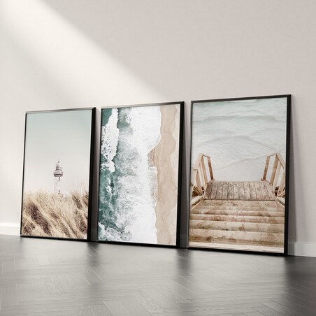 ZESTAW X3 PLAKAT W RAMIE LATARNIA MORZE PLAŻA STYL BOHO DO SALONU 30x40cm
