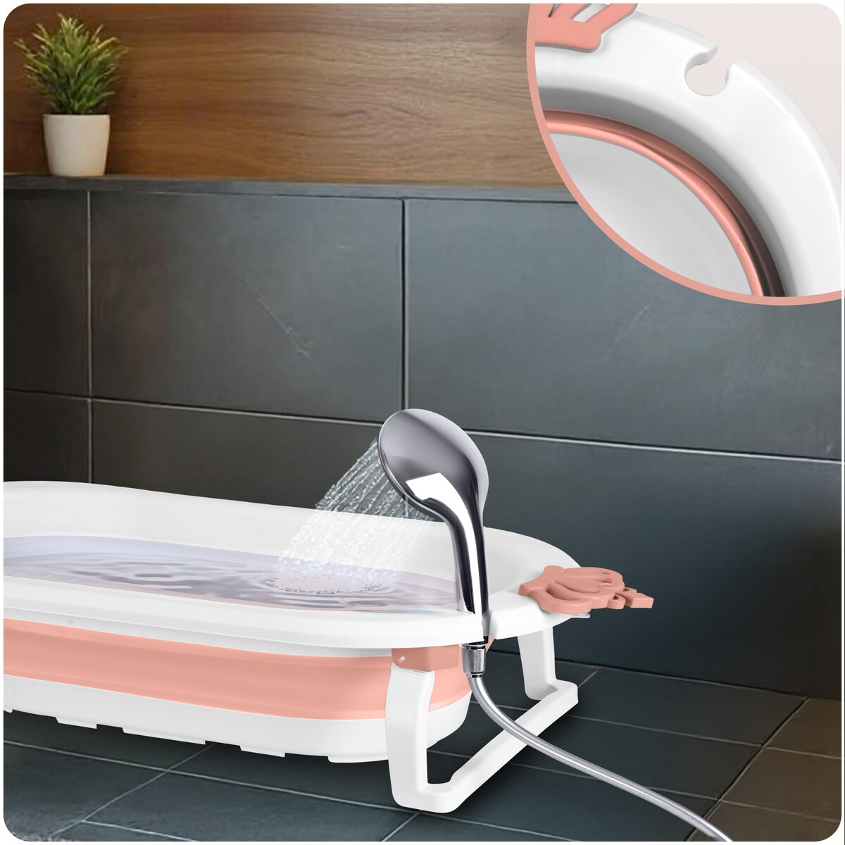 Wanienka składana dla dziecka niemowląt silikonowa z poduszką Ricokids biało-różowa