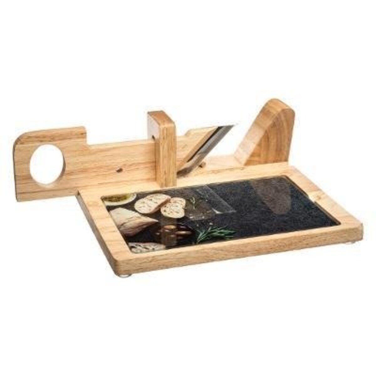 Deska drewniana z krajalnicą, ze szklaną płyta do serwowania posiłków