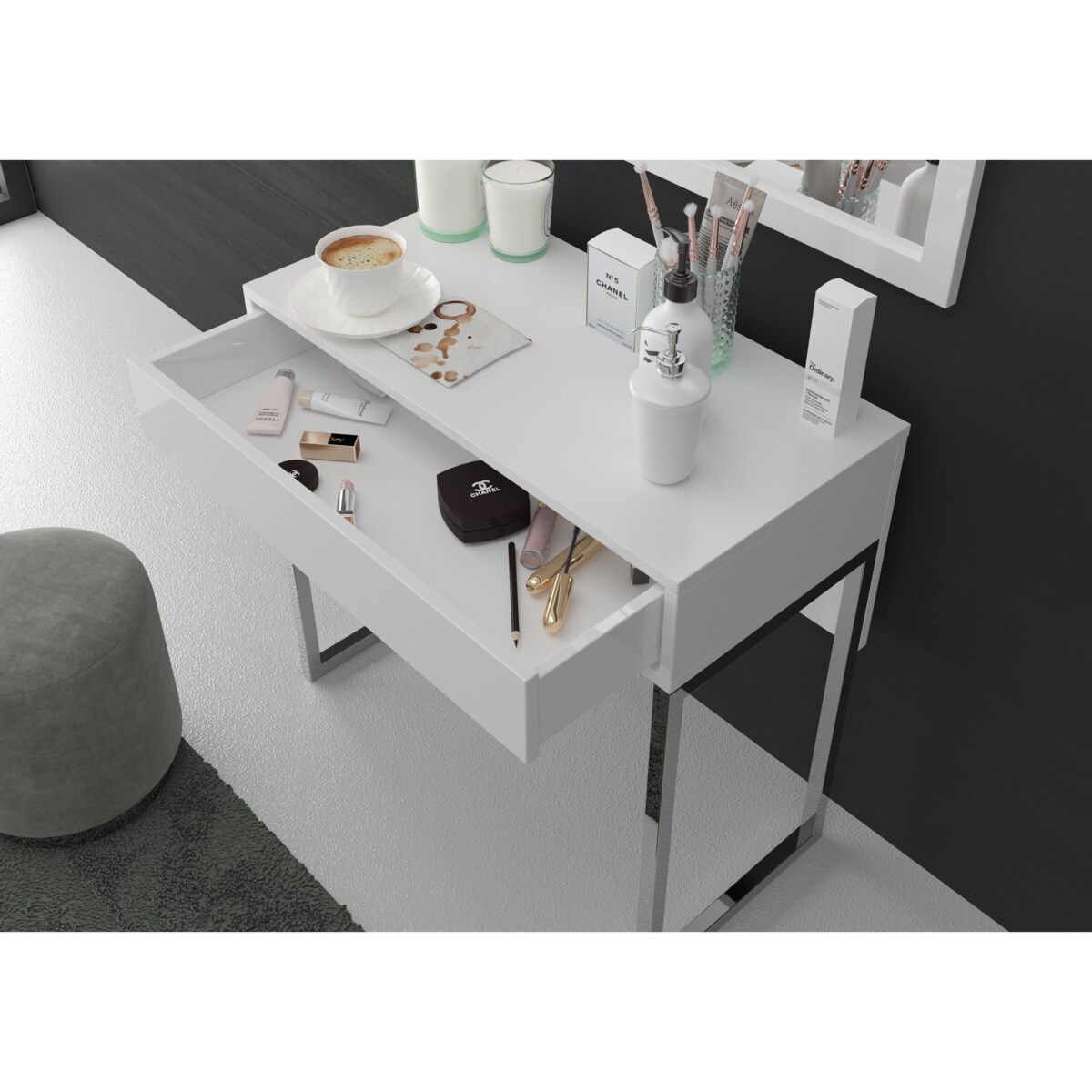 Biała nowoczesna toaletka Dancan EVA ze srebrnym stelażem