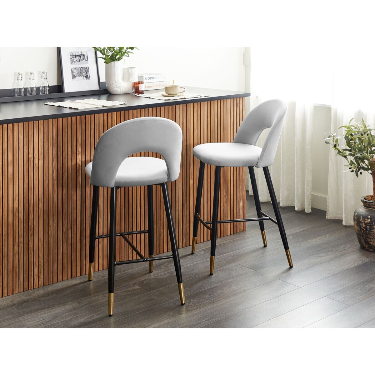 Zestaw 2 krzeseł barowych welurowy szary FALTON