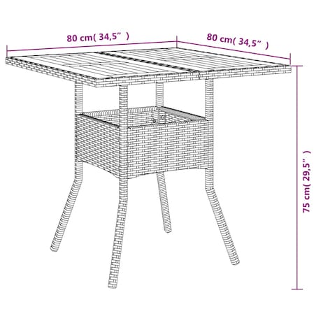 vidaXL Stół ogrodowy z akacjowym blatem, czarny, 80x80x75cm, rattan PE
