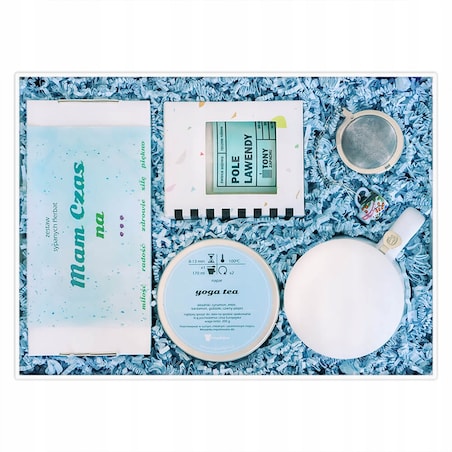 BOX prezentowy "Mam czas na..." - zestaw herbat sypanych świeca sojowa kubek z zaparzaczem - prezent upominek dla kobiety faceta mężczyzny niej niego