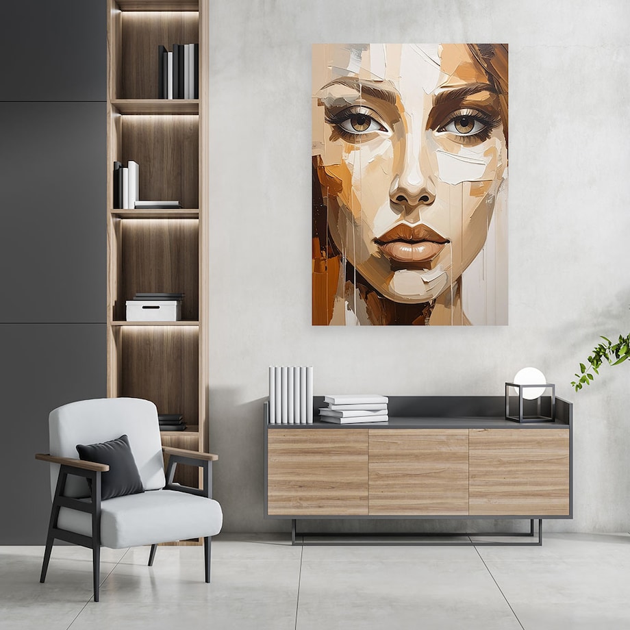 Obraz do salonu sypialni, Portret Kobieta Beżowy jak malowany