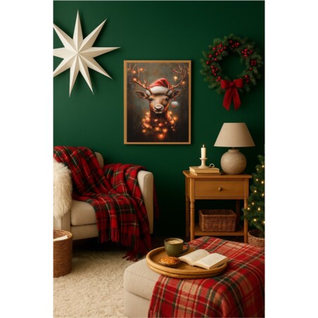 Poster Story, Plakat, Obraz - Renifer w Czapce Mikołaja, wymiary 21 x 30 cm