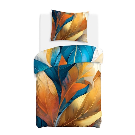 Pościel satyna bawełniana 140x200 Aurelia w złote i niebieskie liście, Satynlove Premium