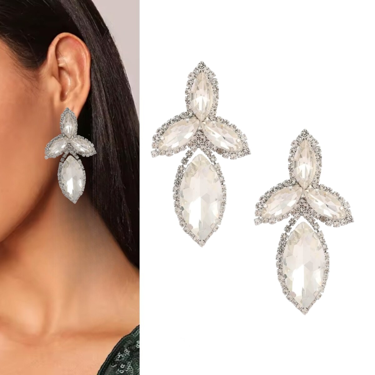 Srebrne kolczyki kryształowe XL duże przy uchu wieczorowe wizytowe