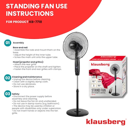 Wentylator podłogowy z pilotem i timerem 40cm 50W KLAUSBERG
