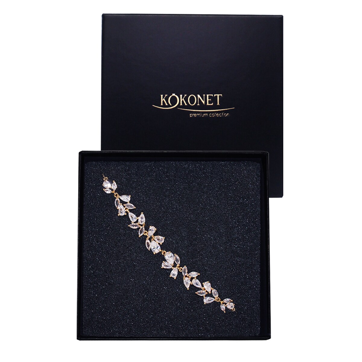 Pozłacana bransoletka ślubna regulowana listki cyrkonie kryształki PREZENT