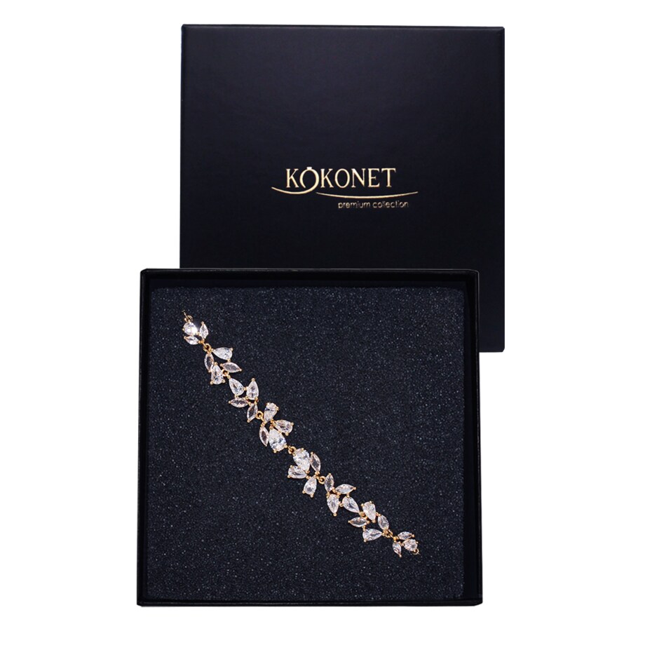 Pozłacana bransoletka ślubna regulowana listki cyrkonie kryształki PREZENT