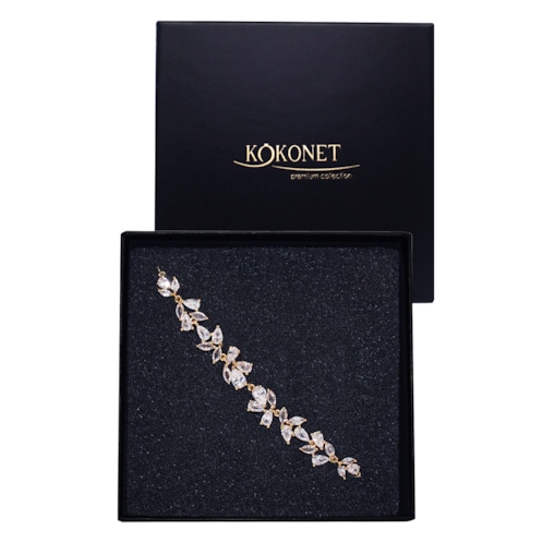 Pozłacana bransoletka ślubna regulowana listki cyrkonie kryształki PREZENT