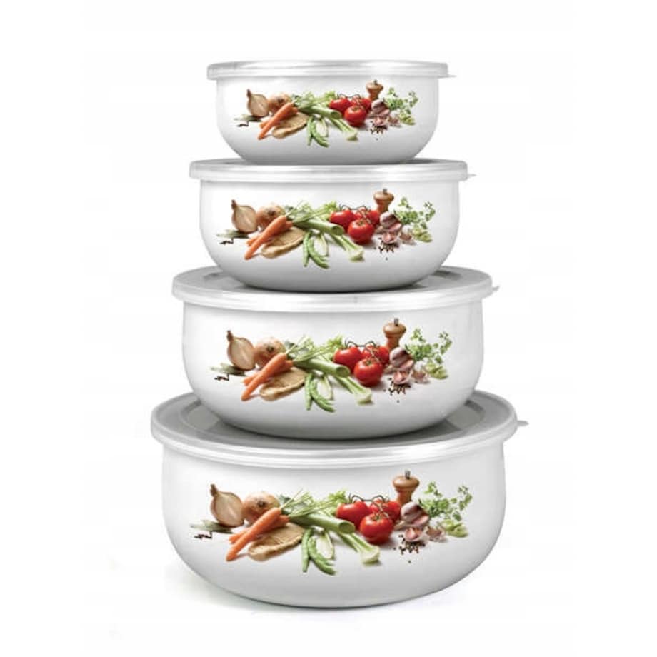 MISKI EMALIOWANE NA JEDZENIE pokrywki vege 4szt