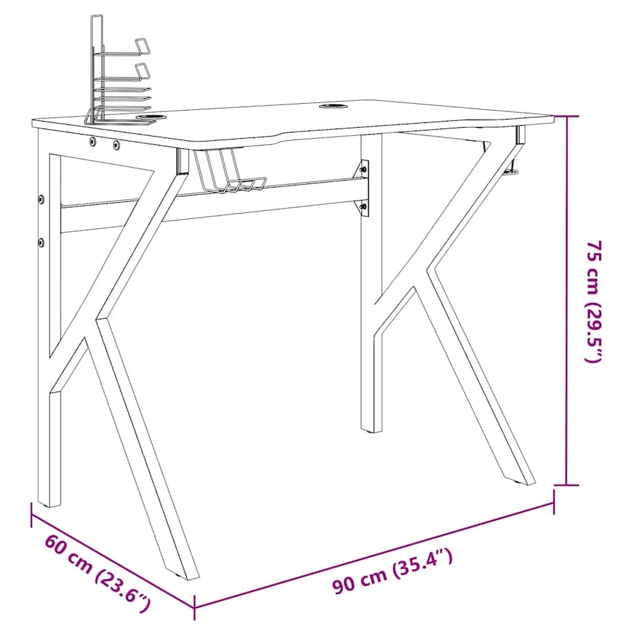 vidaXL Biurko do gier z nogami w kształcie K, czarne, 90x60x75 cm