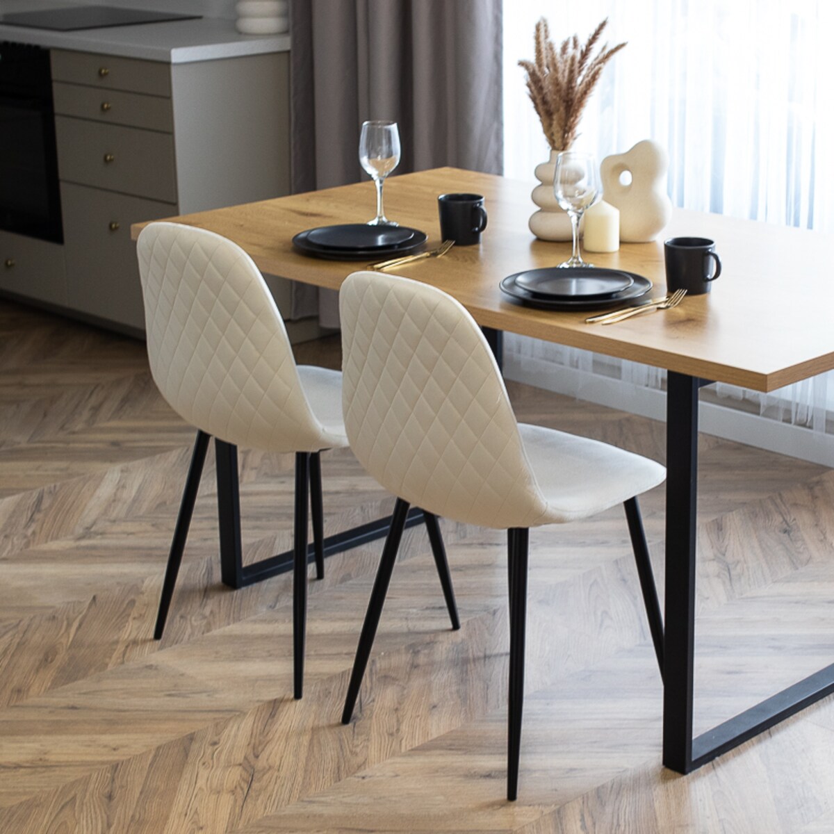 Krzesło tapicerowane do salonu jadalni welurowe beżowe loft