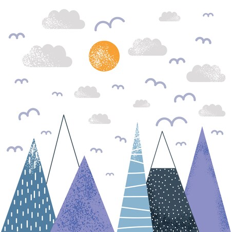 ZESTAW NAKLEJEK DLA DZIECI NA ŚCIANĘ FIOLETOWE GÓRY CHMURY PTAKI