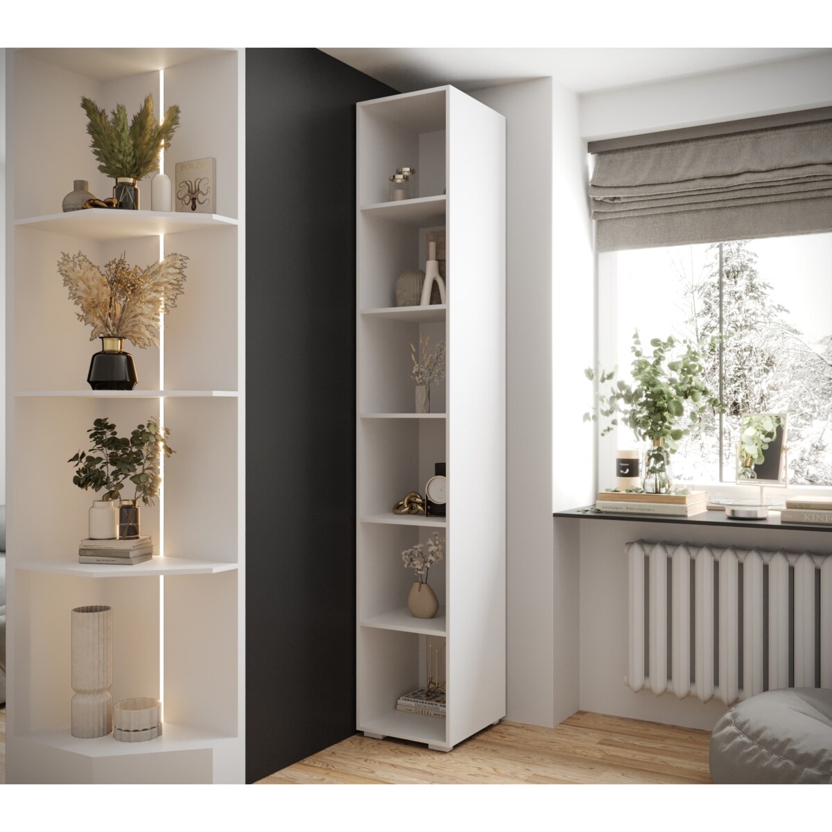 Regał otwarty wysoki z półkami do przedpokoju salonu INOVA biały