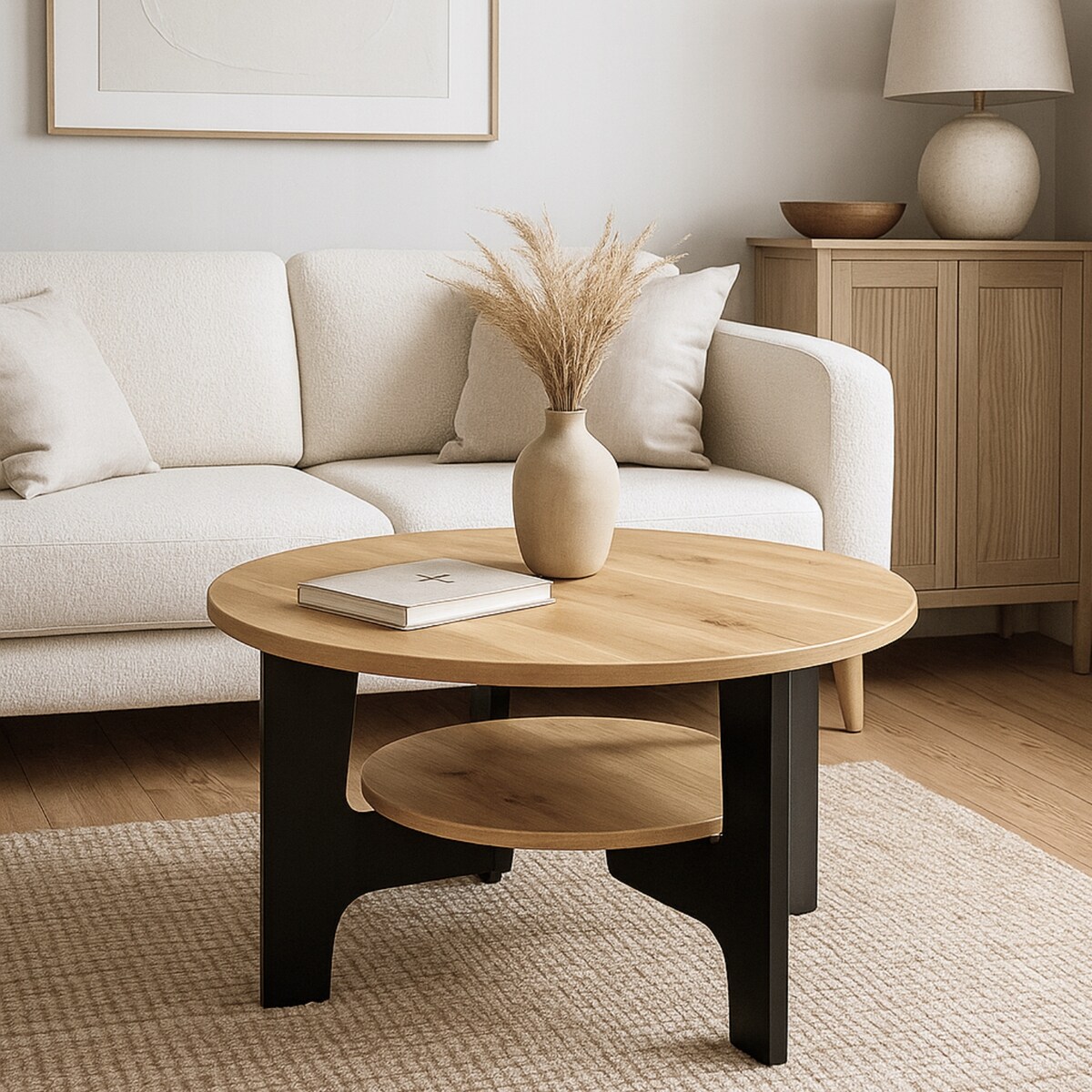 Stolik Kawowy 80 cm Dąb Artisan i Czarne Nogi Nowoczesny Loftowy Styl