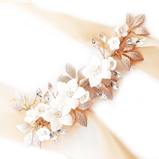 Efektowna złota spinka do włosów z kwiatami i cyrkoniami