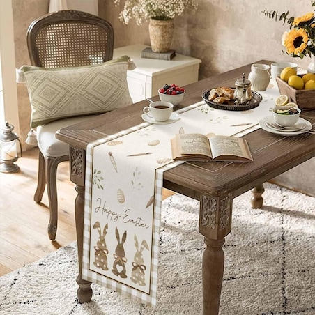 Lniany bieżnik na stół wielkanocny, króliczki HAPPY EASTER 180 x 33cm BZK01