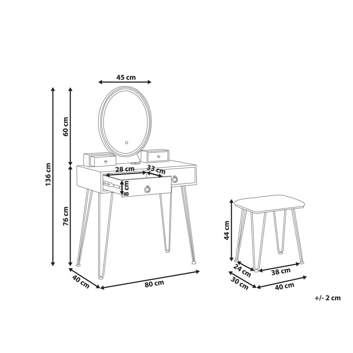 Toaletka 4 szuflady lustro LED ze stołkiem biało-czarna SOYE