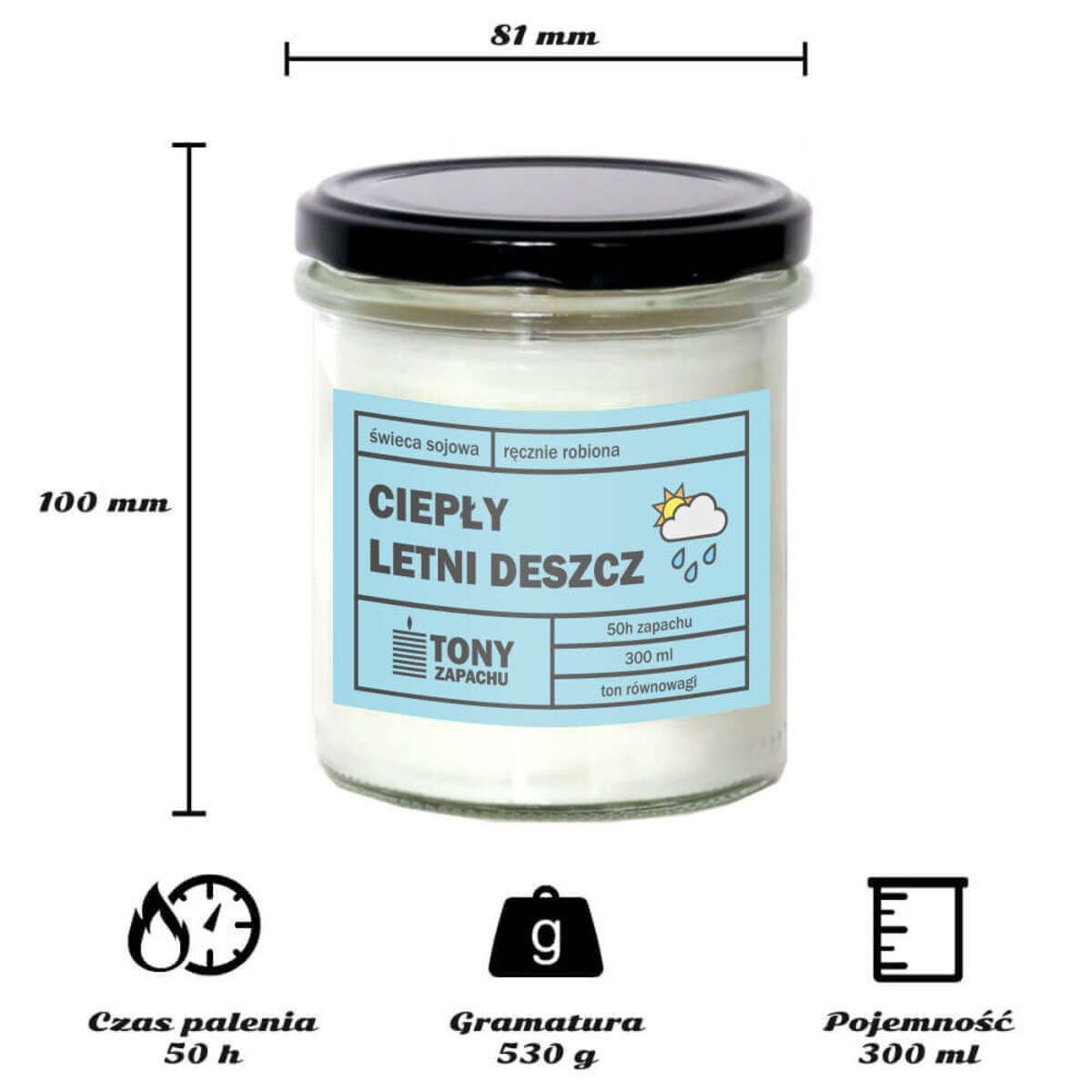 Świeca sojowa naturalna zapachowa CIEPŁY LETNI DESZCZ- najlepsza aromatyczna bezpieczna ręcznie robiona w szklanym słoiczku 300ml 50h palenia na prezent upominek