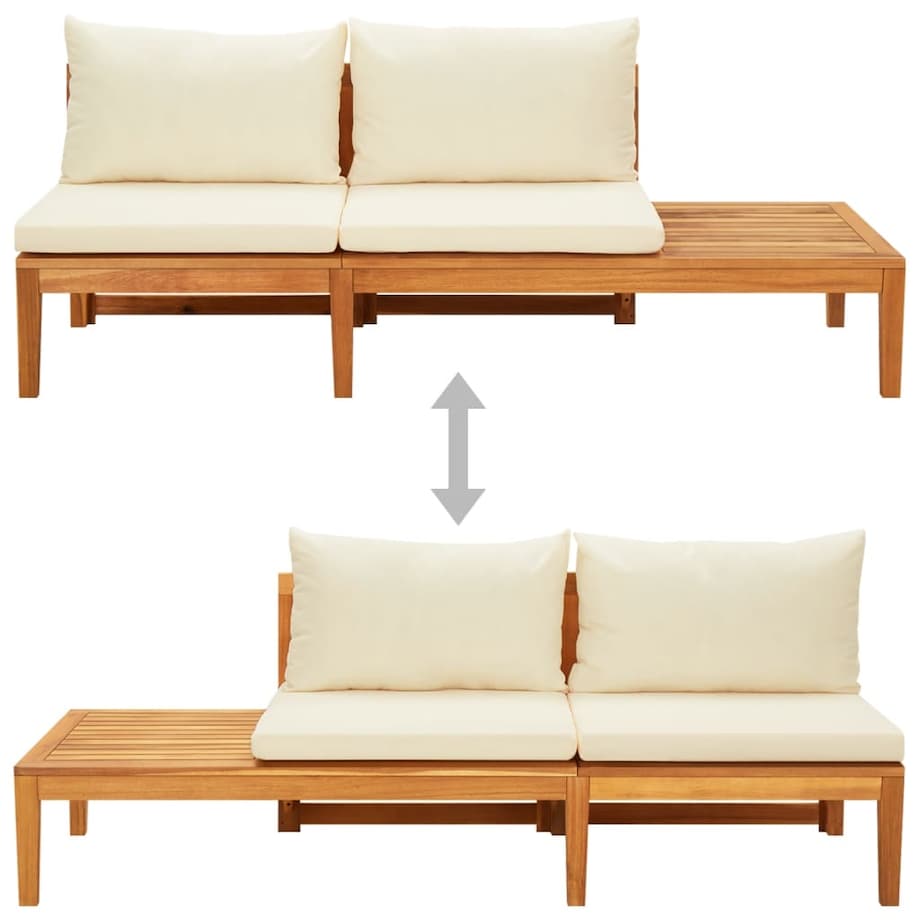 vidaXL Ławka ogrodowa ze stolikiem, kremowe poduszki, drewno akacjowe
