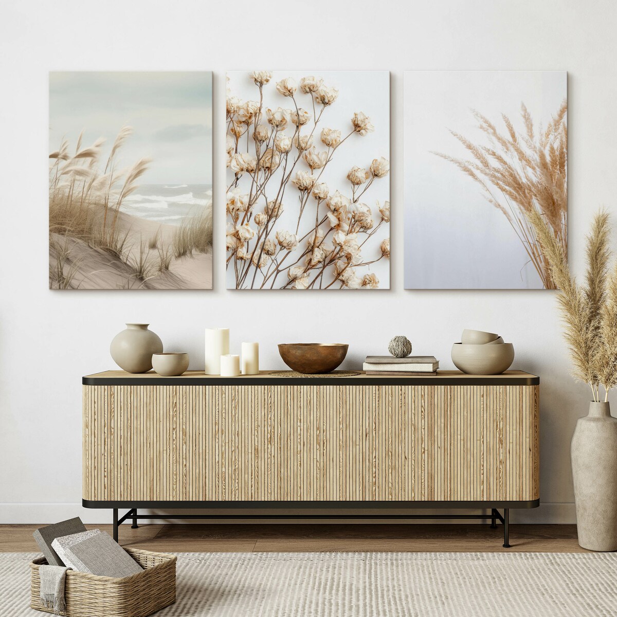 3x Obraz Na Płótnie Do Salonu Set Plaża Morze Trawa Pampasowa Kwiaty 30x40cm