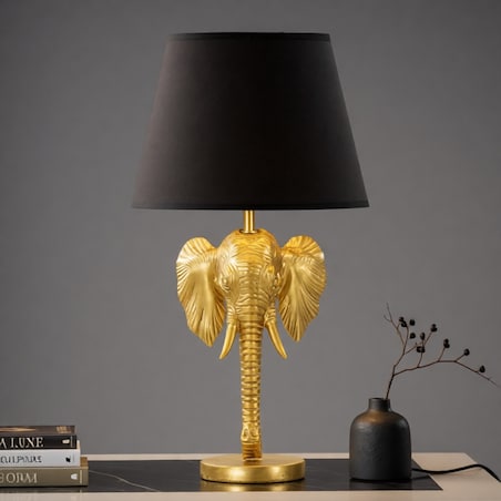 Lampa stołowa Elephant, kolor złoty i czarny, żywica syntetyczna i żelazo, 32 x 32 x 59 cm, 1 x E27, max. 40 W, motyw: słoń / słonie, Mauro Ferretti