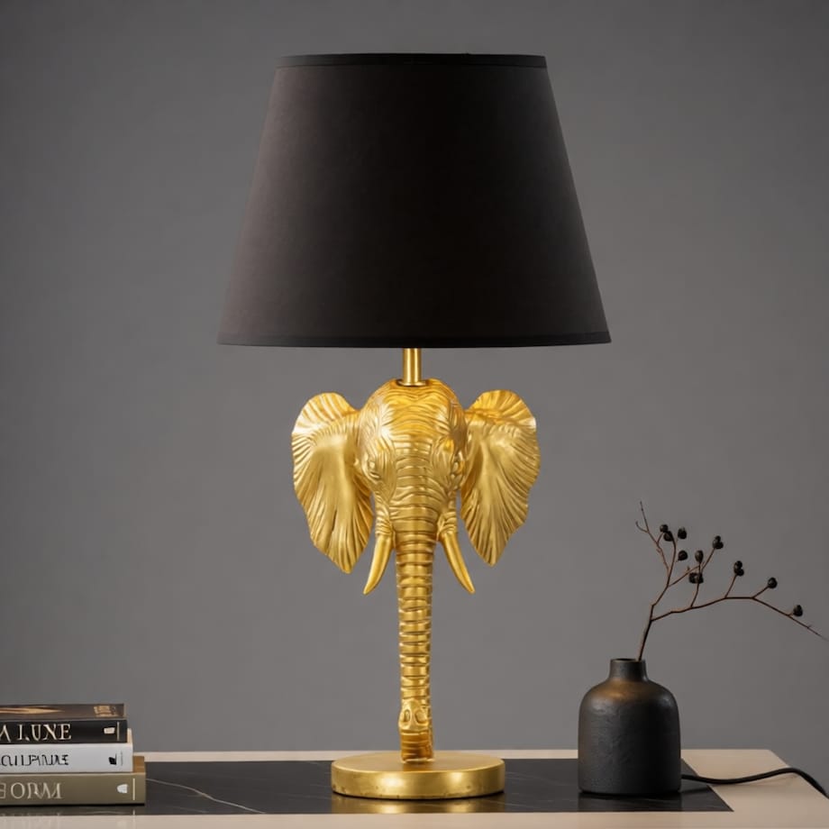 Lampa stołowa Elephant, kolor złoty i czarny, żywica syntetyczna i żelazo, 32 x 32 x 59 cm, 1 x E27, max. 40 W, motyw: słoń / słonie, Mauro Ferretti