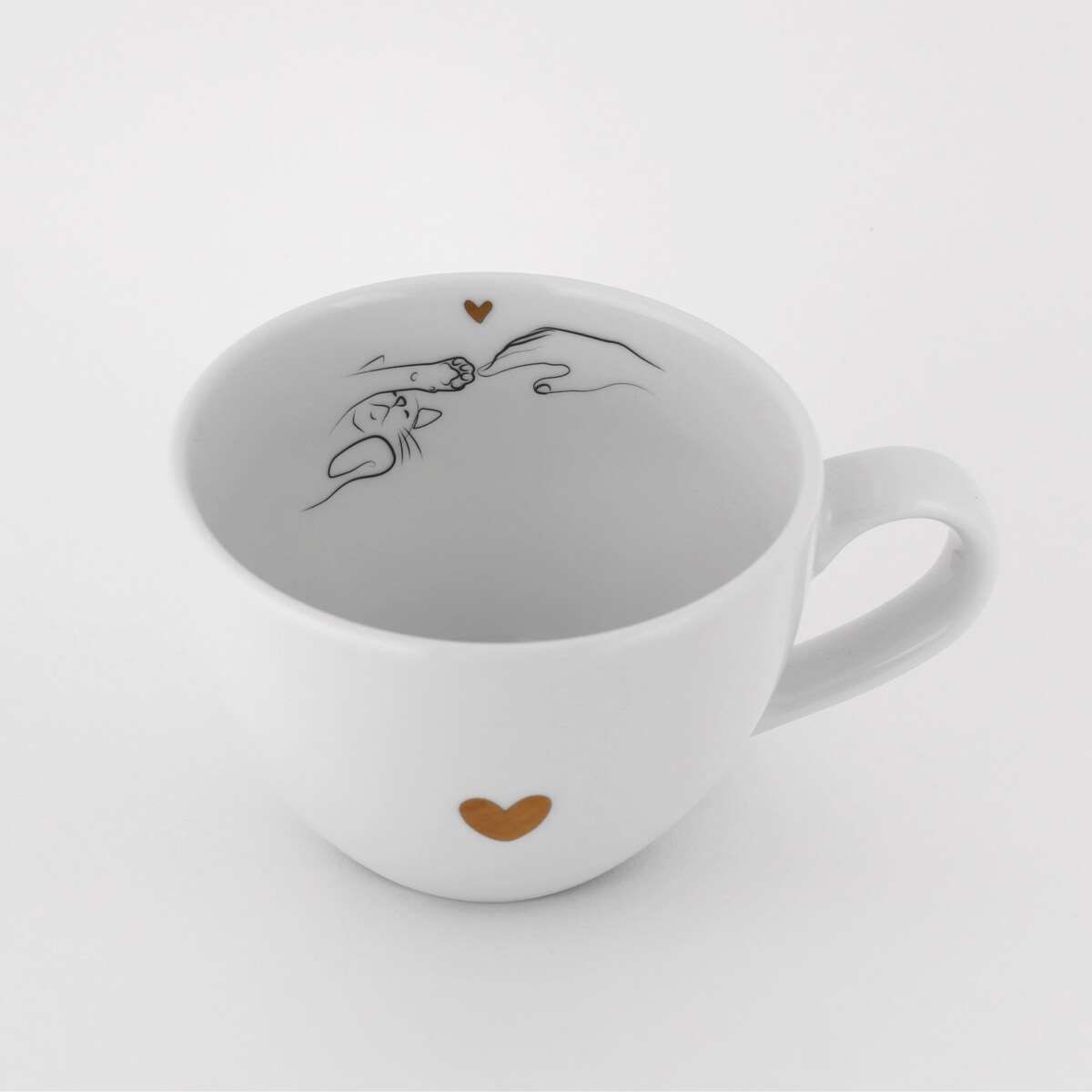 Biały kubek porcelanowy 500 ml - motyw złotego serca z kocią łapką dla miłośnika kotów na urodziny