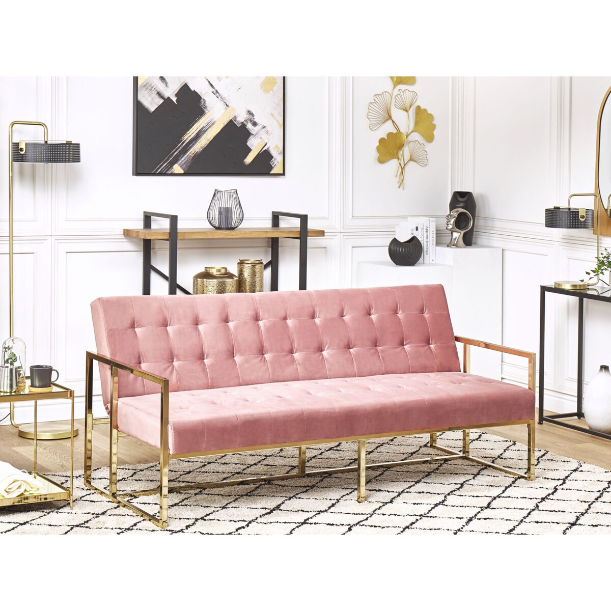 Sofa rozkładana welurowa różowa MARSTAL
