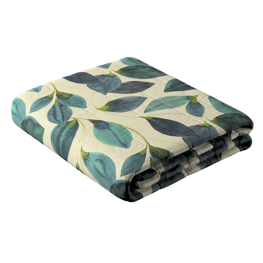 Narzuta pikowana w pasy 260x210 liście w kolorze szmaragdowej zieleni z fioletem na lnianym tle