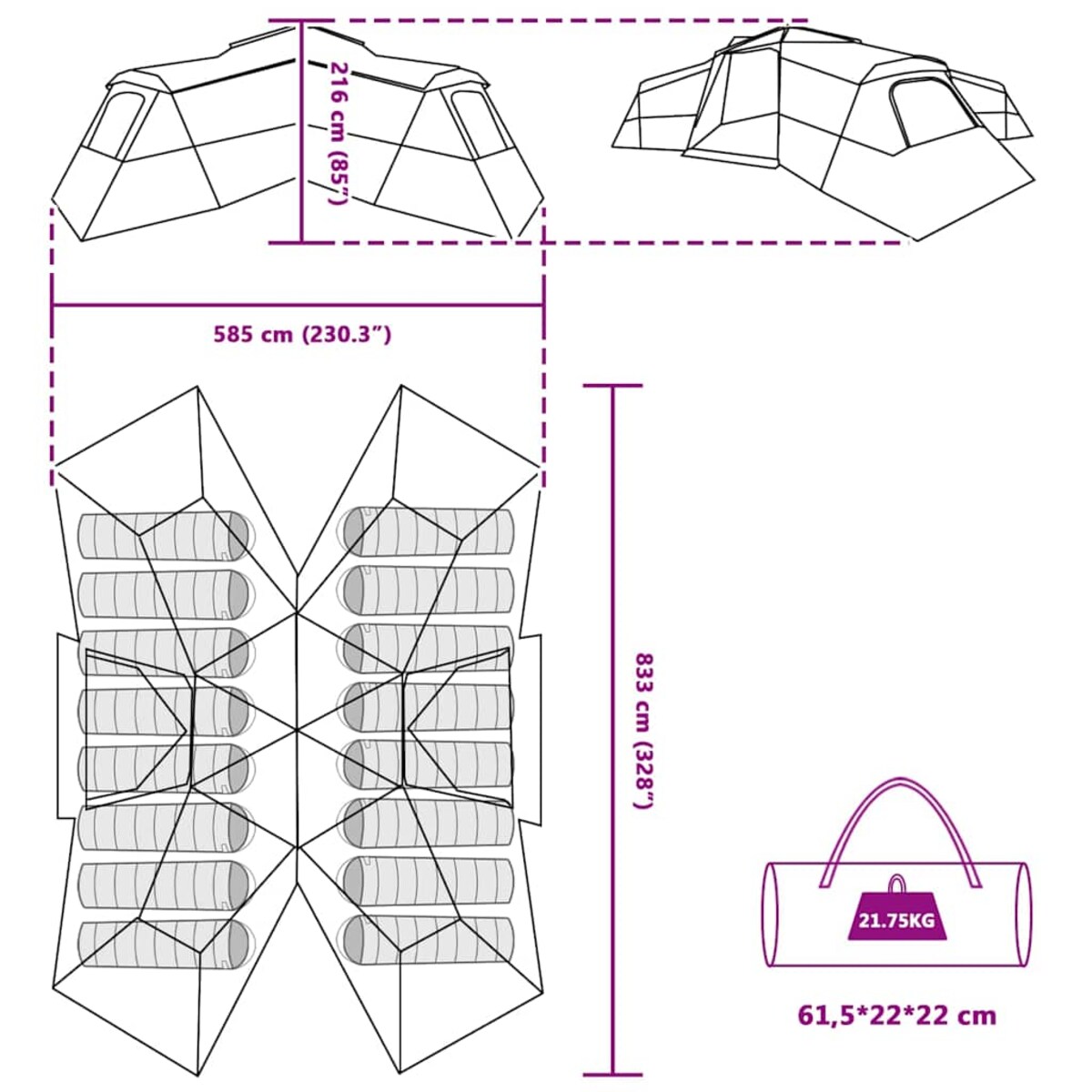 vidaXL Namiot rodzinny Szary i pomarańczowy 833 x 585 x 216 cm