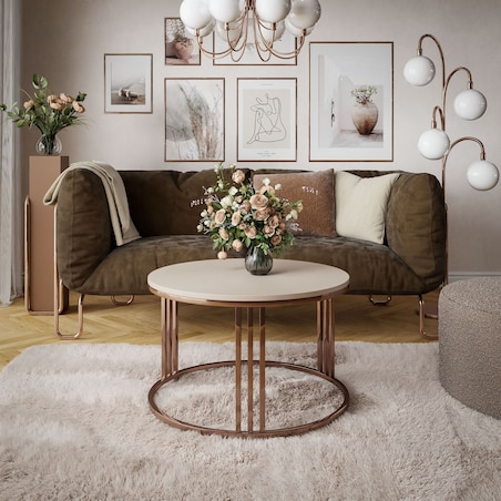 Okrągły stolik kawowy LORI mat z miedzianym stelażem, Kaszmir