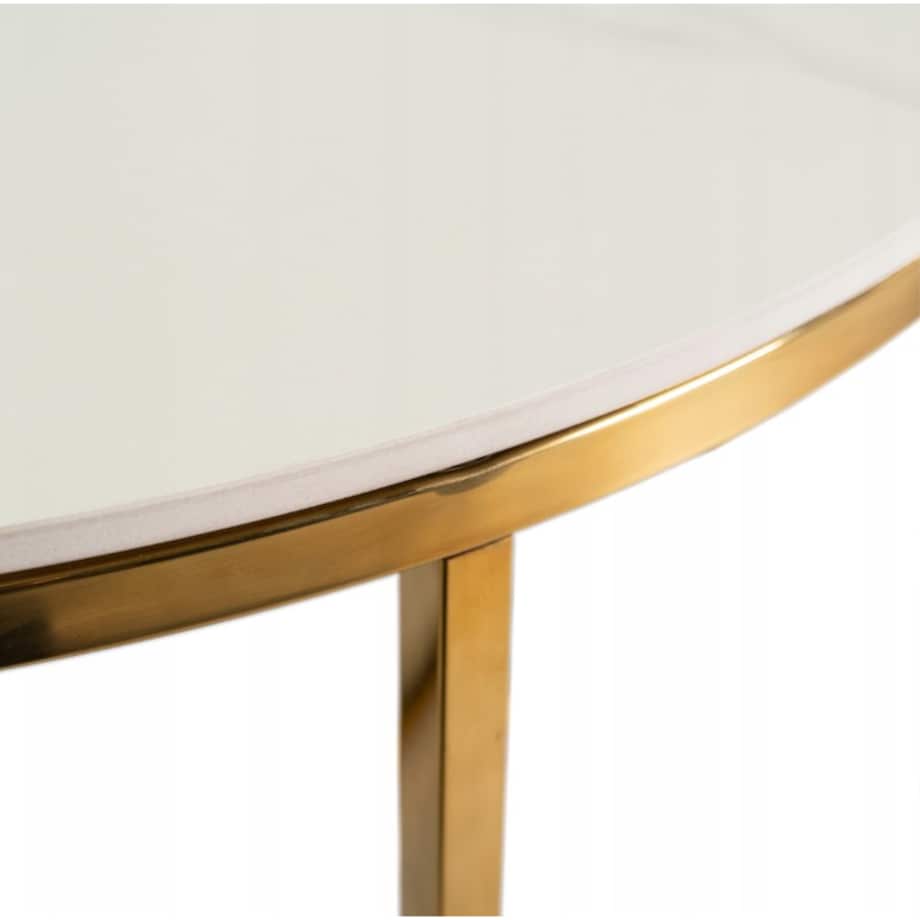 Stolik Kawowy Okrągły Złoty Ława Glamour Biały Połysk Marmur MARINE