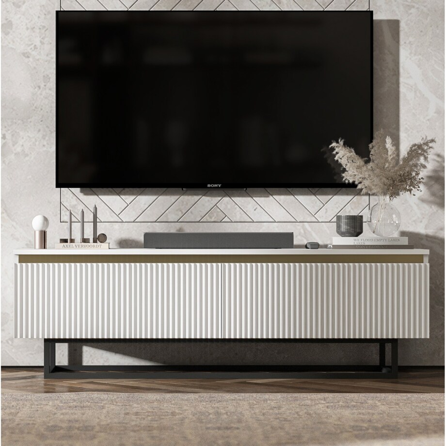 Nowoczesna Szafka RTV Glamour Komoda RTV Biały Mat 140 cm czarny stelaż