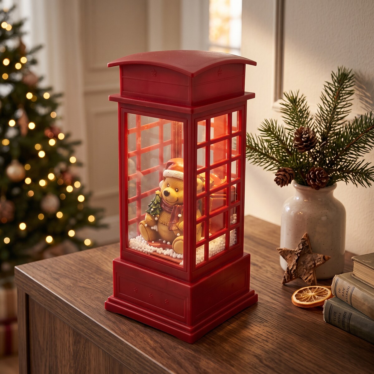 Budka telefoniczna świąteczna z LED, efektem śniegu i melodią, 10,5 x 10,5 x 25 cm