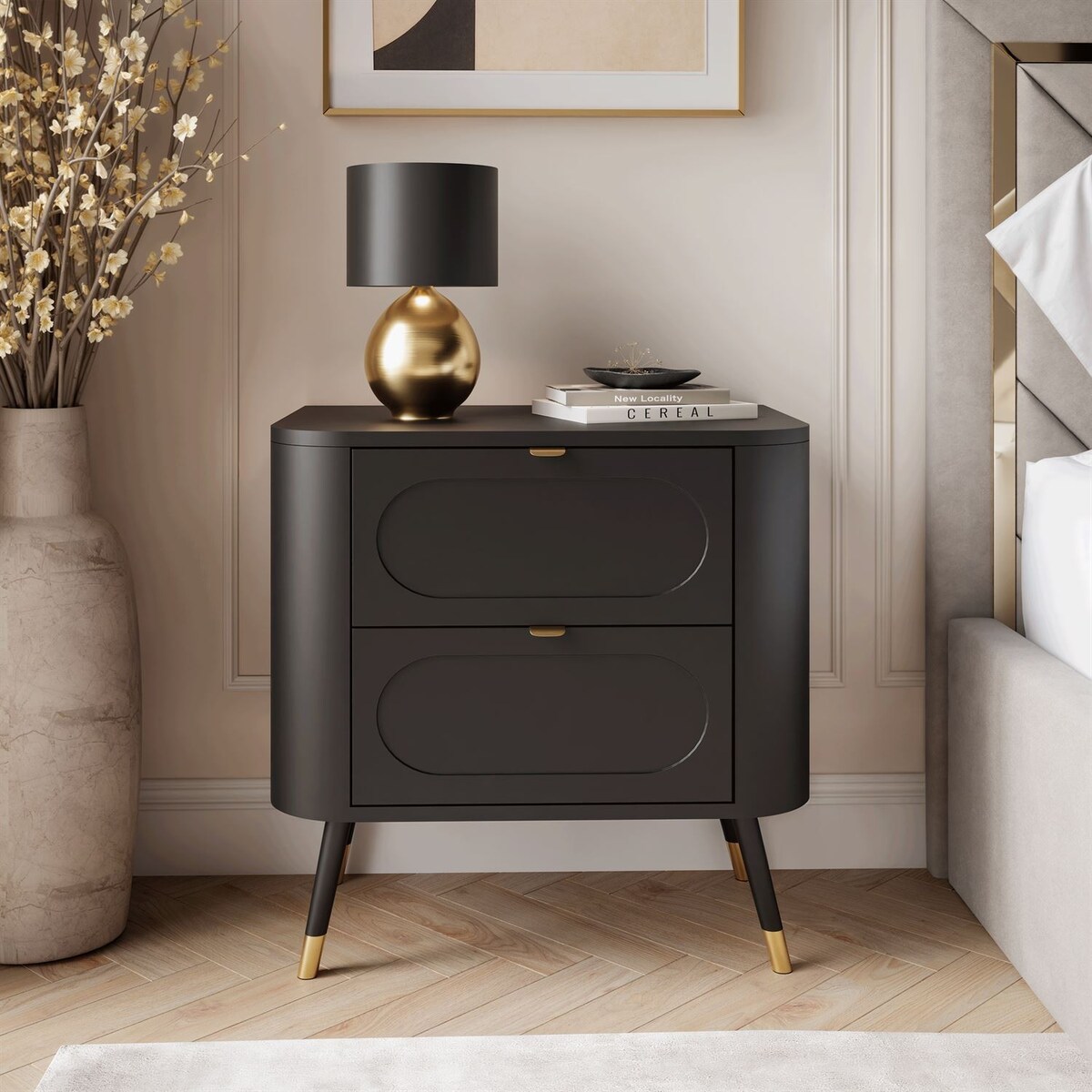Lukmebel Szafka nocna SHADOW 2S 60x40x61 cm - czarna, złote uchwyty