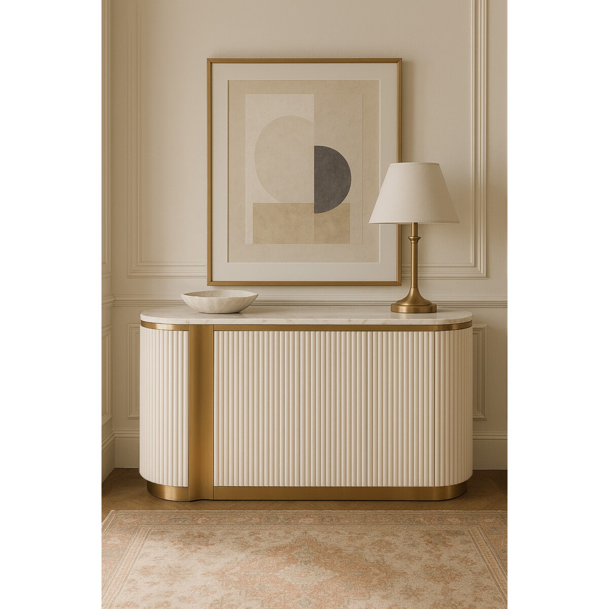 Ryflowana komoda biała złota Nutris Glamour Premium z blatem marmurowym 158x40x88