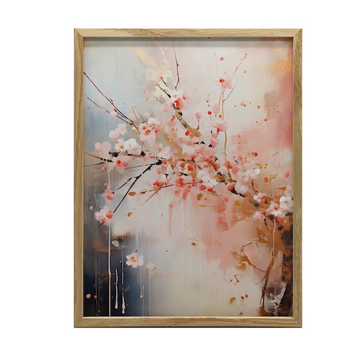 Kwitnąca Wiśnia: Symfonia Różu i Złota, 40x50 cm, rama drewniana jasny dąb, papier matowy 230 gsm
