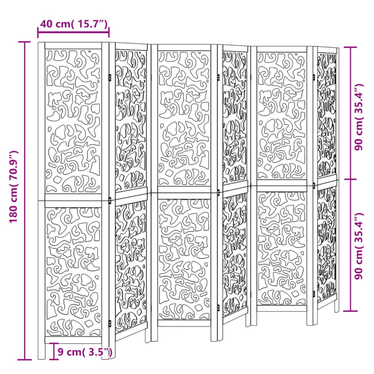 vidaXL Parawan pokojowy, 6-panelowy, czarny, lite drewno paulowni