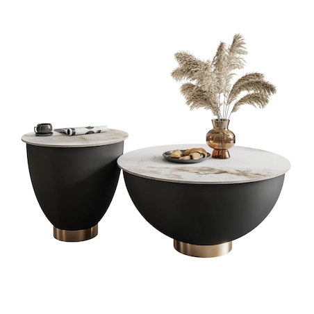 Stolik kawowy ESTELLE 2w1 czarny biały marmur ze złotym