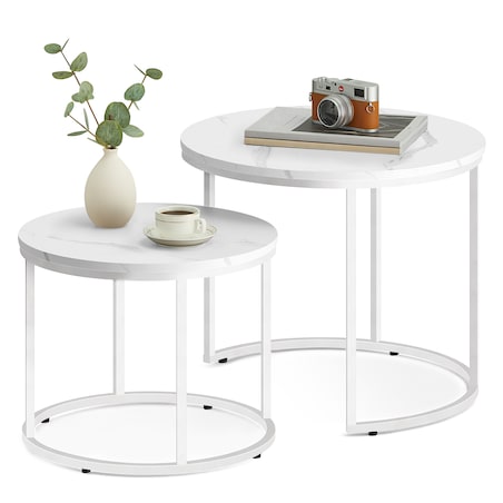 Stolik Kawowy Okrągły elegancki idealny do salonu 2 Sztuki - Marmur / Nogi Białe