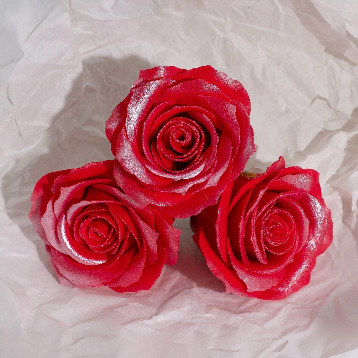 RÓŻA 5 warstwowa Z POŁYSKIEM czerwony KWIATY MYDLANE na bukiet stroik 3szt